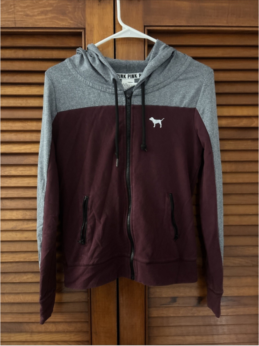PINK VICTORIA'S SECRET MAROON & GRAY FULL-ZIP HOODIE SIZE XS